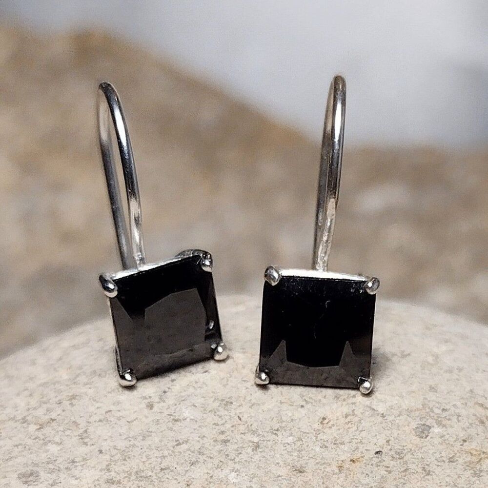 Black Crystal Sterling Silver .925 Square Cut Drop Earrings